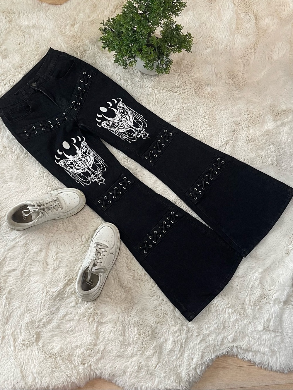Gothicana by EMP Grace Black Lace Up Flared Jeans Moth Moon Womens Size S No Tag